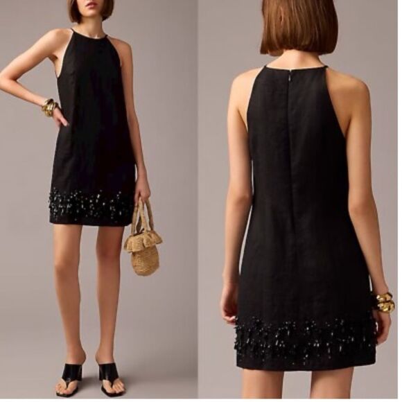 J.CREW Collection Mini Dress Women Black Beaded 100% Linen Sleeveless Sz Small - Picture 1 of 11
